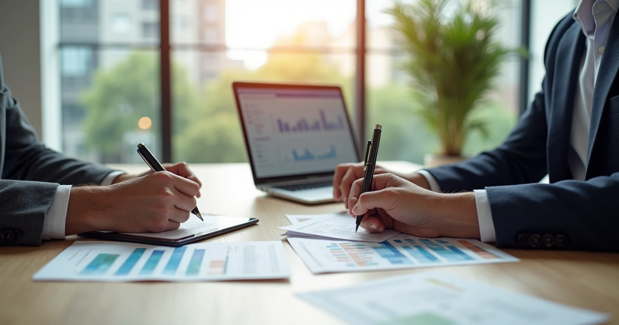 Duas pessoas assinando um contrato em mesa de escritório moderna 