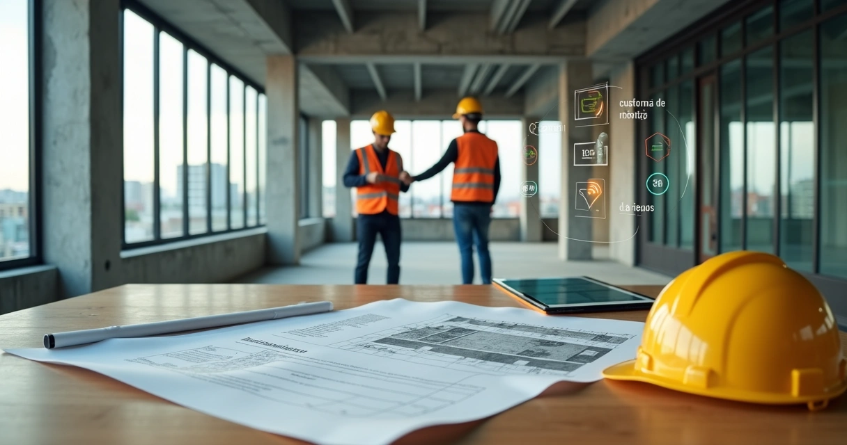Contrato built to suit em mesa de obra com detalhes digitais representando gestão automatizada 