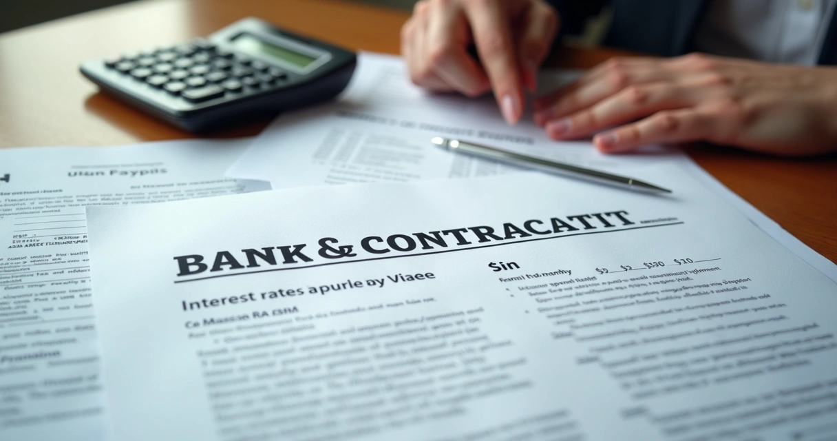 Contrato bancário com calculadora e extratos sobre a mesa