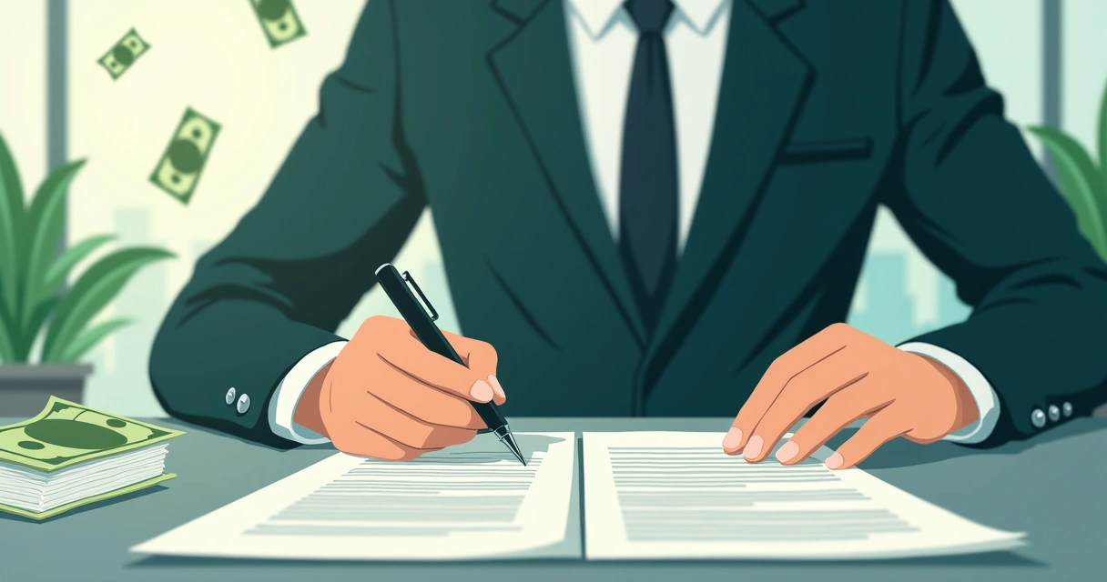 Investor signing scheduled exchange contracts at a table with graphs and dollars in the background. 