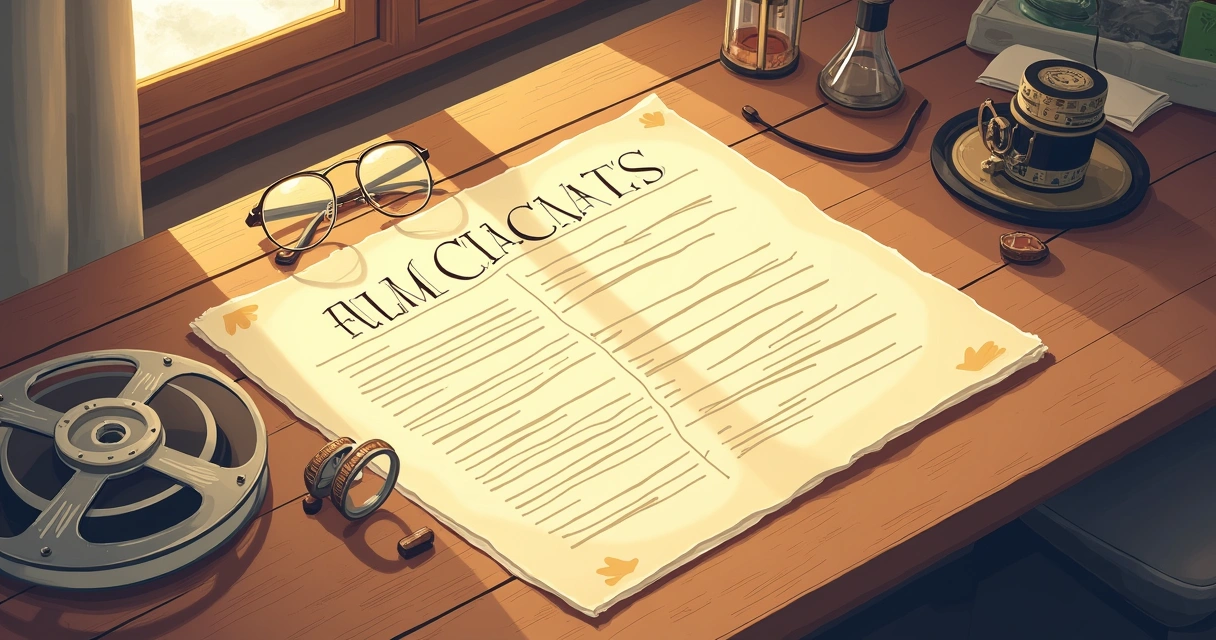 Contrato antigo de cinema sobre uma mesa com rolos de filme e óculos