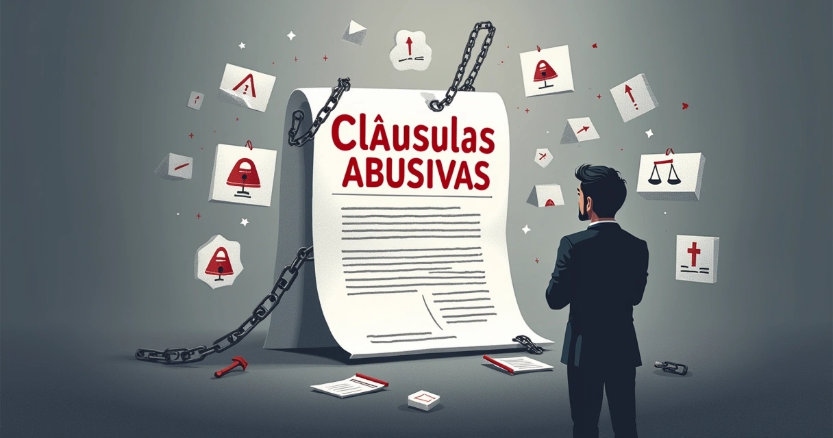 Ilustração do contrato com Cláusulas Abusivas, rodeado de símbolos de termos injustos e uma figura de consumidor frustrado.