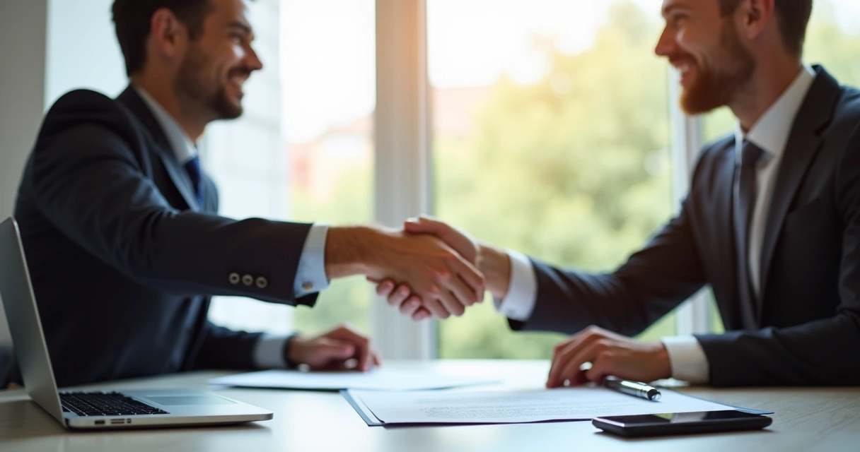 Aperto de mãos entre duas pessoas após assinatura de contrato