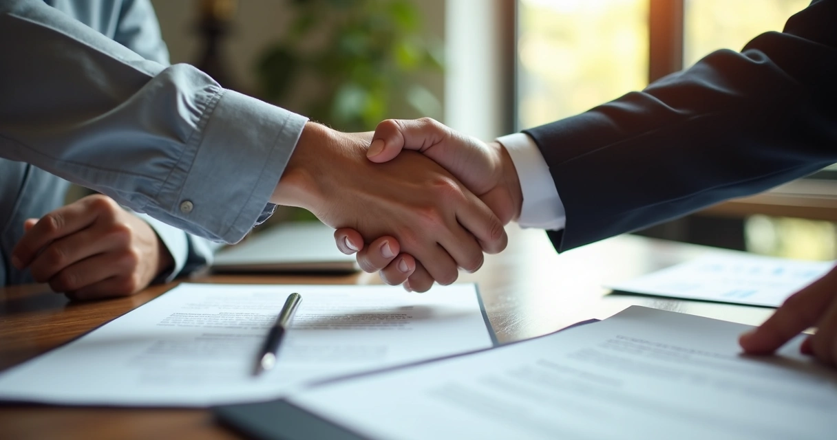 Duas pessoas apertando as mãos sobre um contrato assinado, mesa de madeira, fundo claro, papéis organizados 
