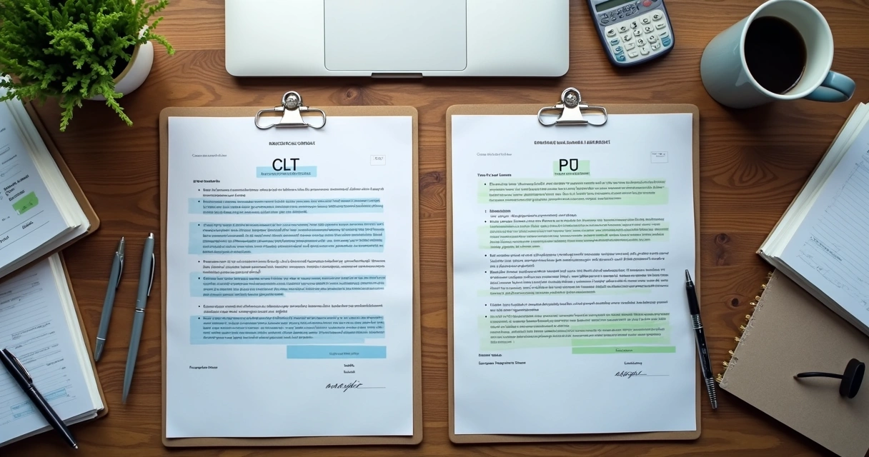 Dois contratos lado a lado, um CLT e outro PJ, com objetos de escritório espalhados 