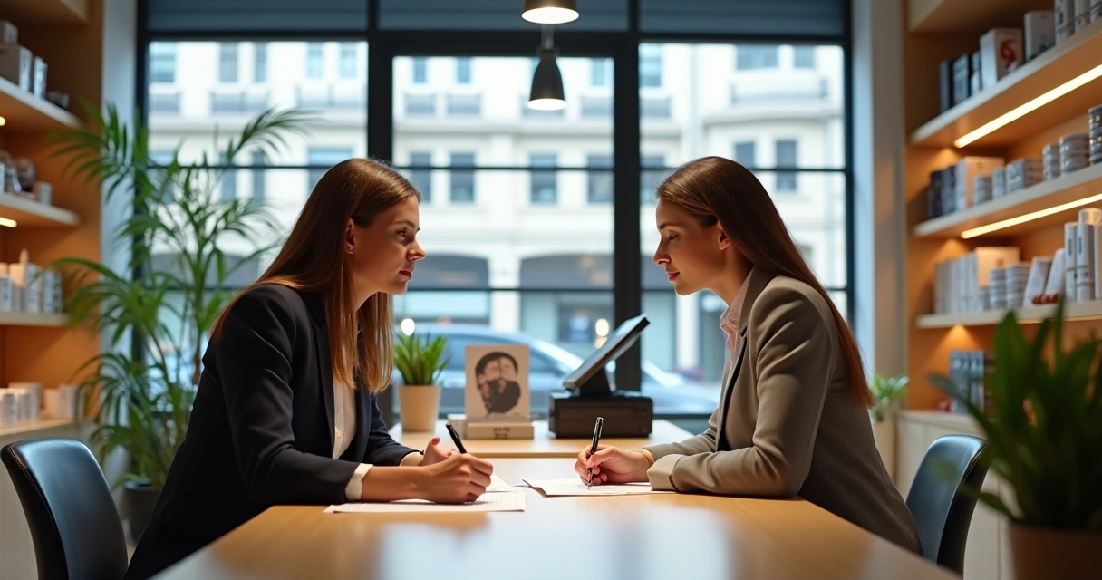 Duas pessoas assinando contrato em mesa de loja comercial com vitrines ao fundo 