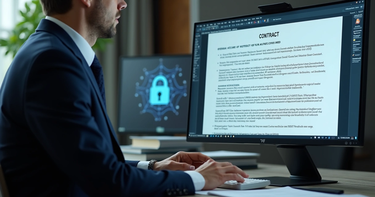 Advogado analisa contrato digital com cláusulas de proteção de dados 