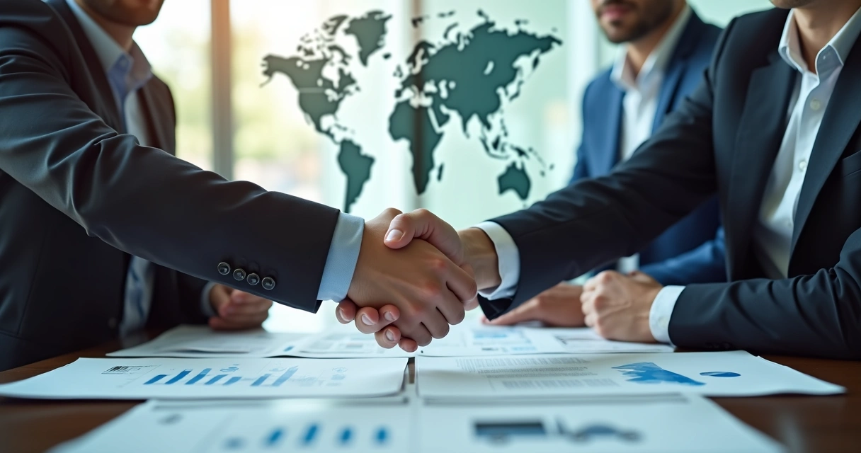 Duas pessoas fechando negócio com documento de compra internacional na mesa 