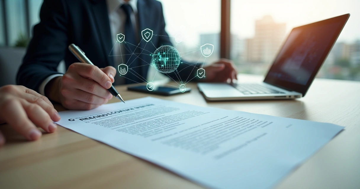Advogados revisando contrato de compra e venda de provedor de internet em mesa com interface digital de rede 