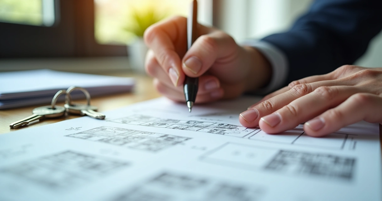 Pessoa assinando contrato de compra de imóvel em mesa de escritório 