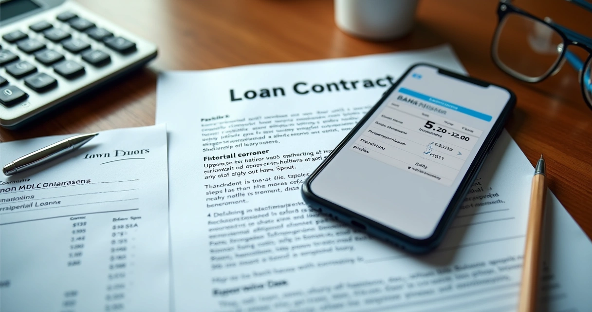 Contrato de empréstimo e contracheque sobre mesa com calculadora
