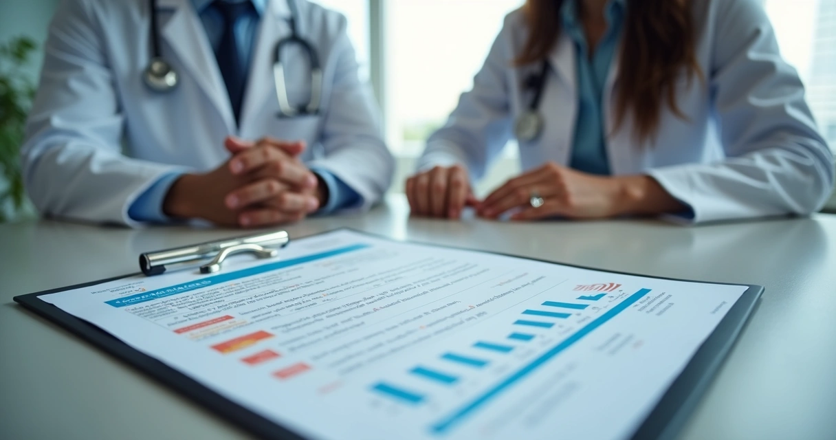 Paciente em consultório médico analisando contrato de coparticipação. 