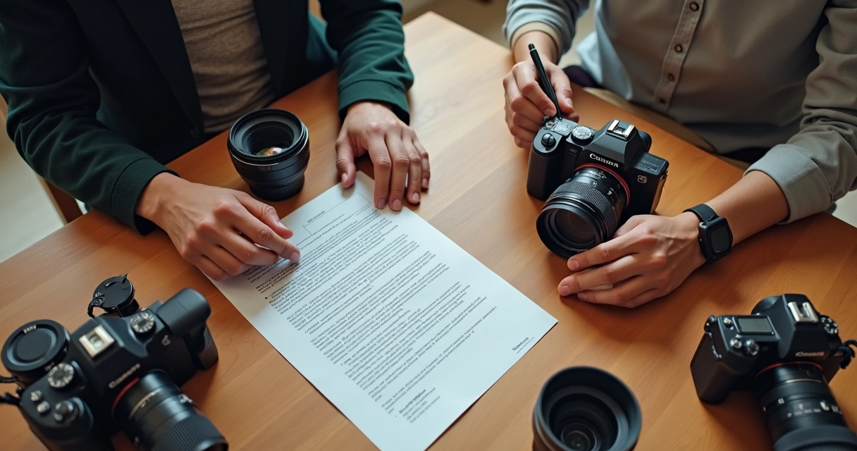 Duas pessoas assinando contrato fotográfico sobre uma mesa, com câmeras e lentes ao redor 