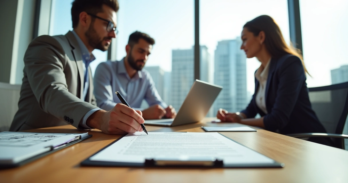 Corretor explicando contrato de corretagem imobiliária a casal em escritório moderno 