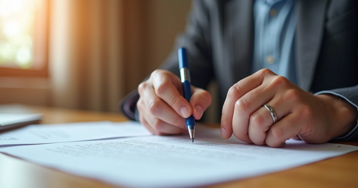 Pessoa assinando contrato de compra de cota de resort em mesa de madeira