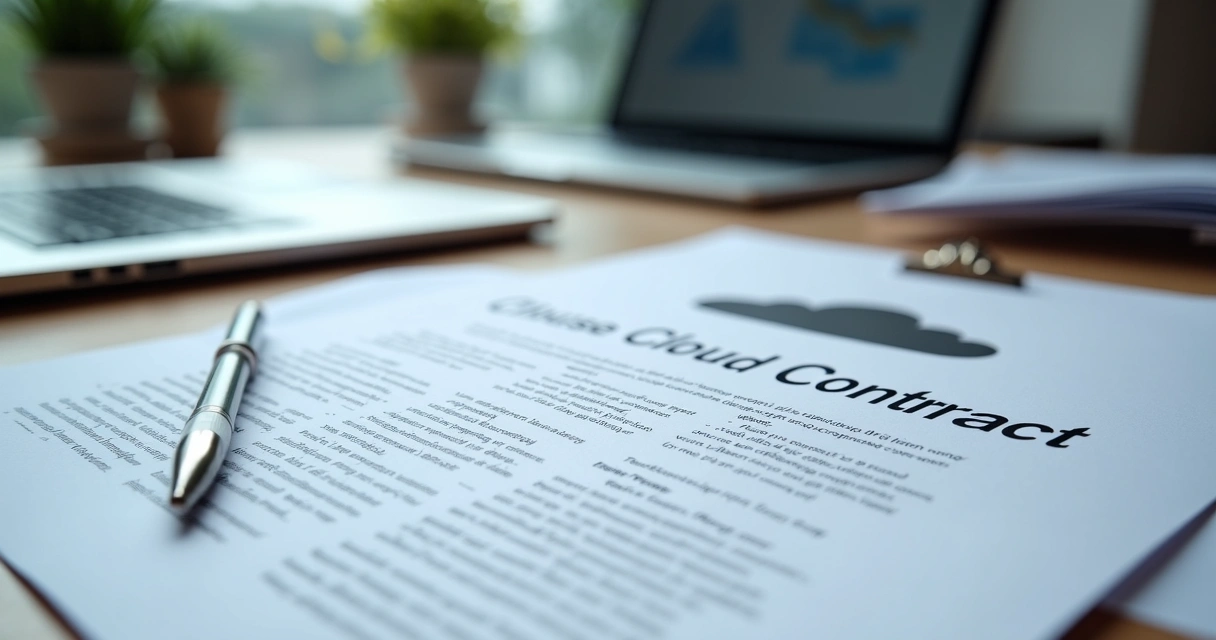 Contrato de cloud aberto ao lado de notebook e caneta sobre mesa de escritório 