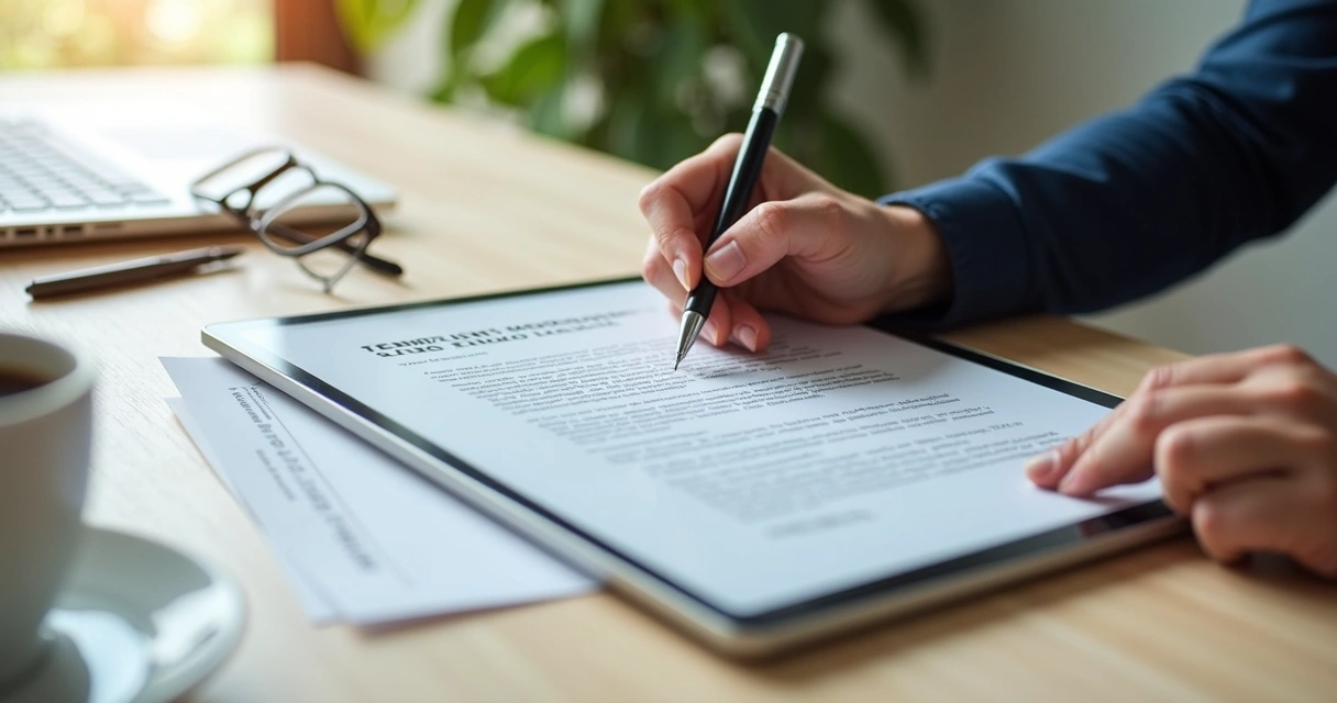 Contrato de aluguel sendo assinado digitalmente em tablet com documentos e caneta sobre mesa de madeira clara 