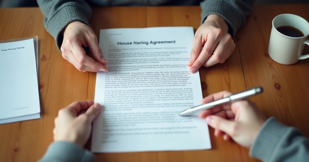 Mãos segurando contrato de divisão de moradia, caneta sobre o papel 