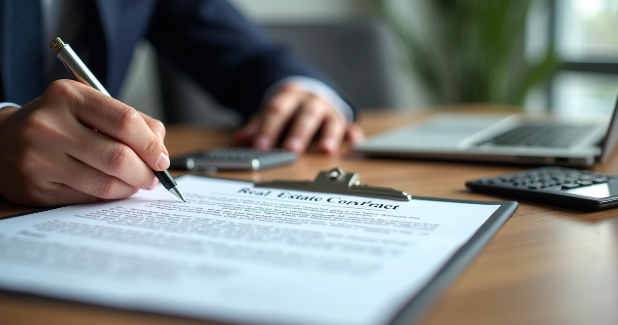 Pessoa assinando contrato de locação de imóvel com calculadora ao lado 