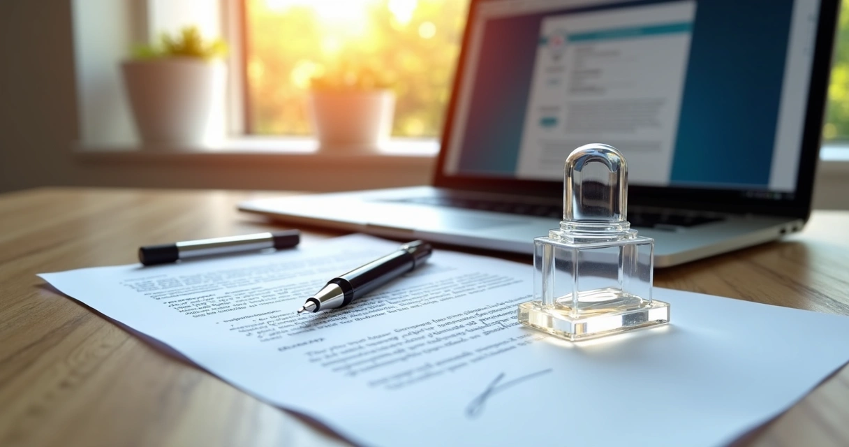 Contrato de locação em papel sobre mesa de madeira com caneta e carimbo de assinatura digital 