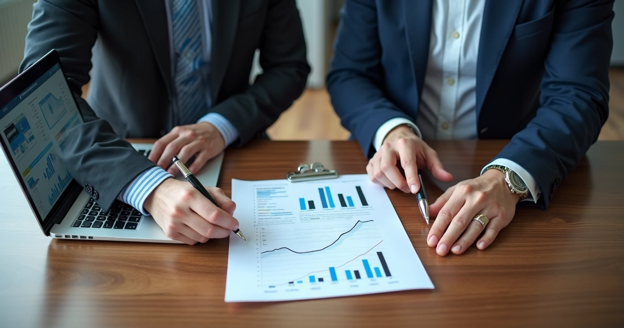 Sócios assinando contrato com gráficos financeiros ao fundo