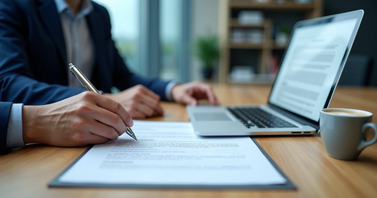 Contrato de desenvolvedor de software sendo analisado em mesa de escritório 