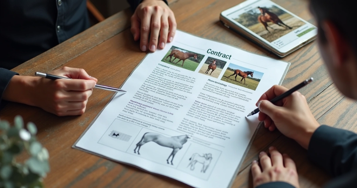 Contrato com detalhes sobre o cavalo sendo examinado por duas pessoas 