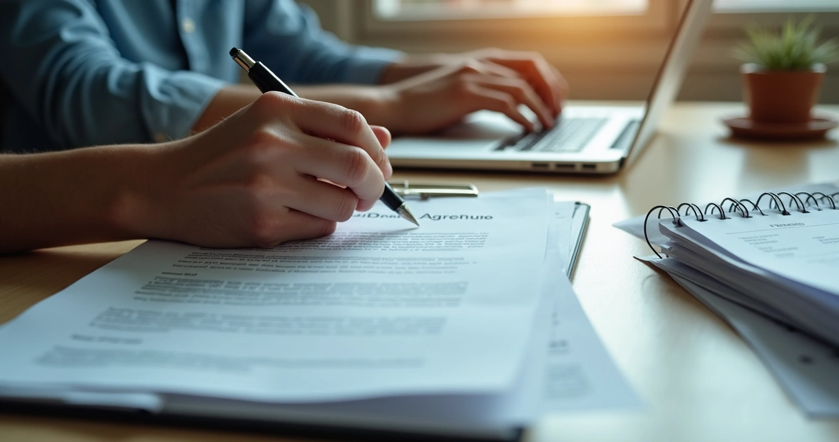 Contrato digital de aluguel sendo assinado em notebook com recibos organizados ao lado 