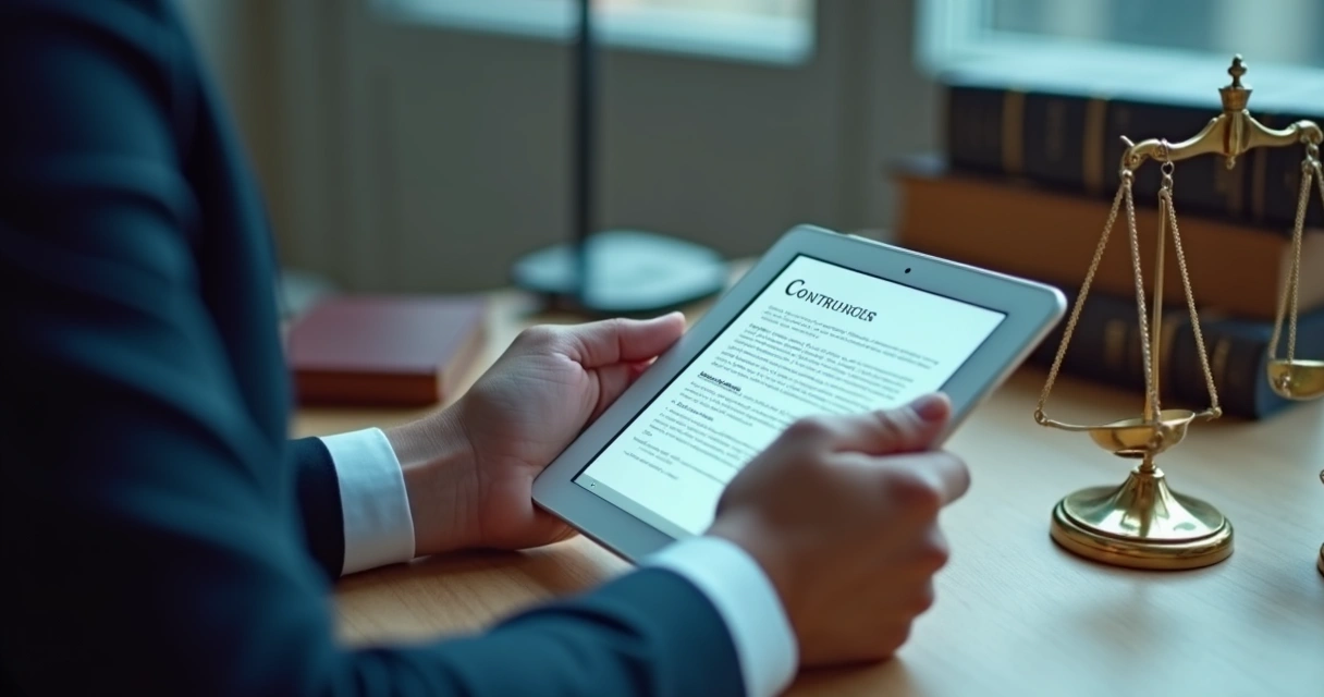 Contrato digital sendo analisado em tablet por advogado 