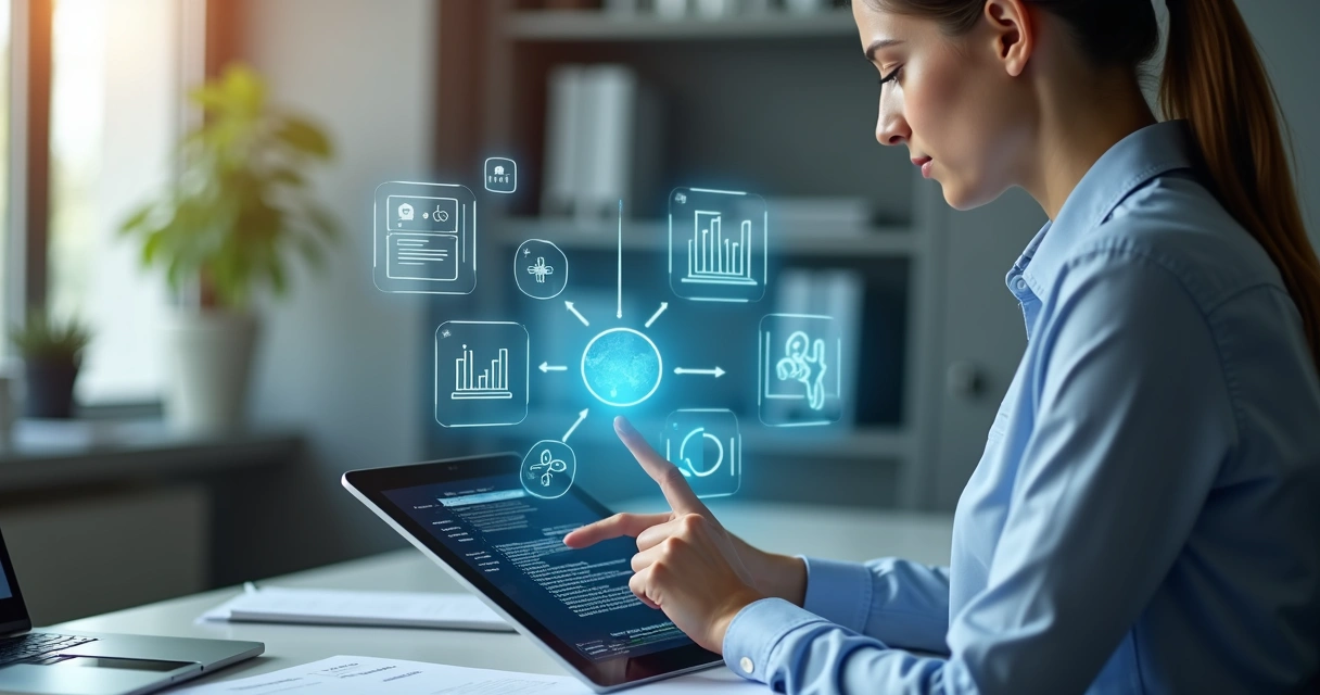 Pessoa analisa contrato digital em tablet com gráficos de IA projetados acima da tela 