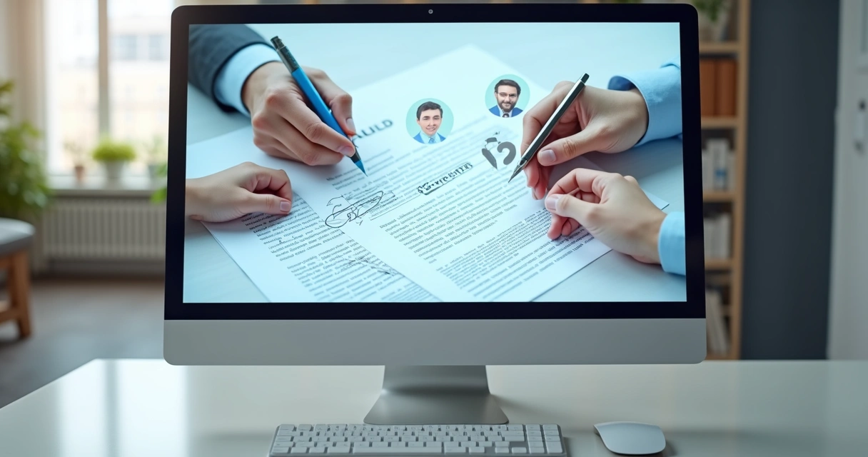 Tela de assinatura eletrônica de contrato imobiliário com locador e inquilino 