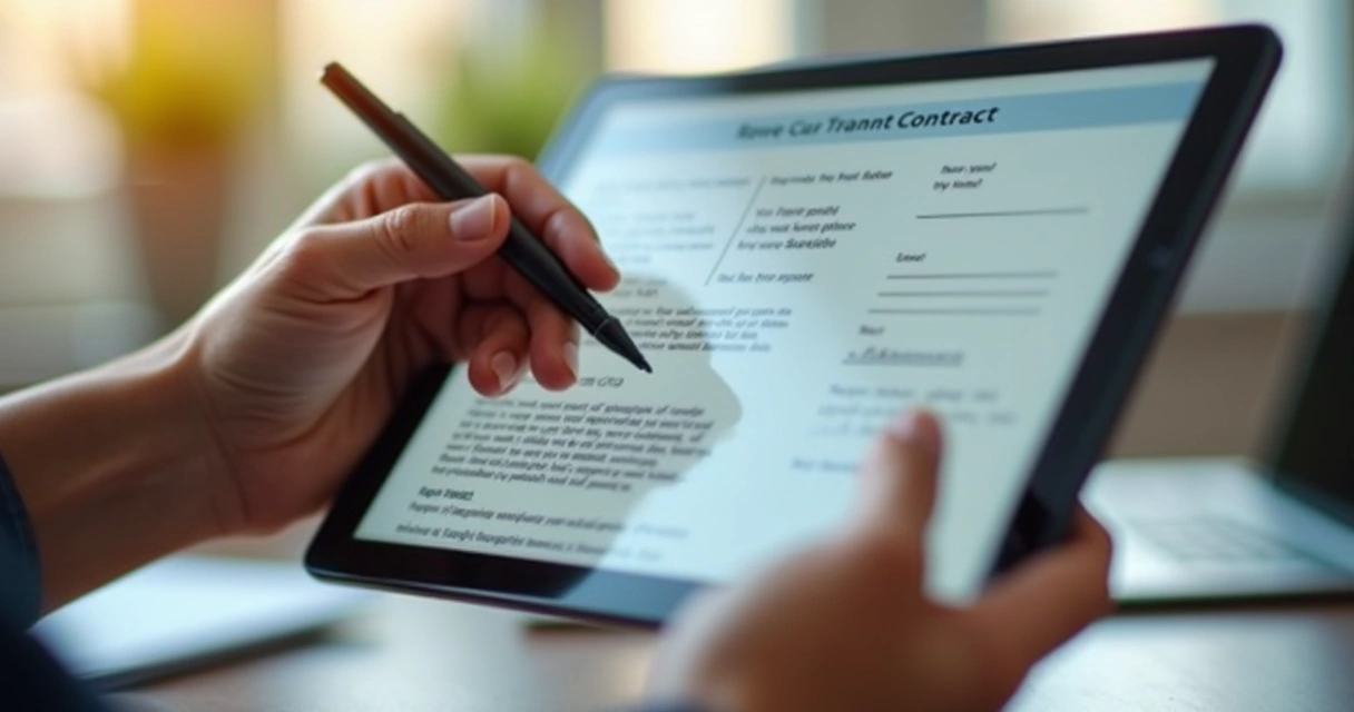 Mão segurando tablet com assinatura eletrônica em contrato digital de aluguel.