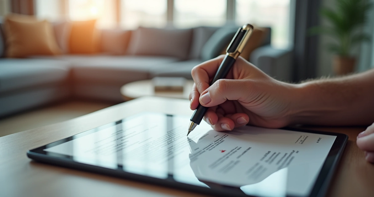 Mãos assinando contrato de venda de imóvel em tablet 