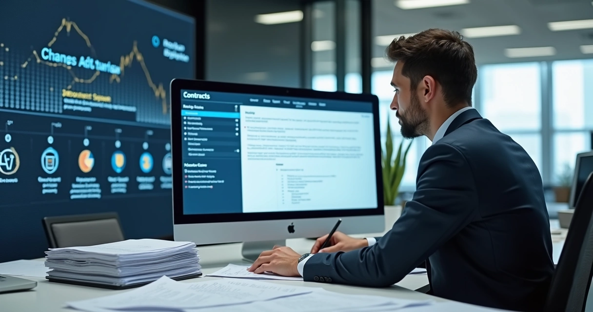 Pessoa revisando e assinando digitalmente vários contratos ao mesmo tempo 