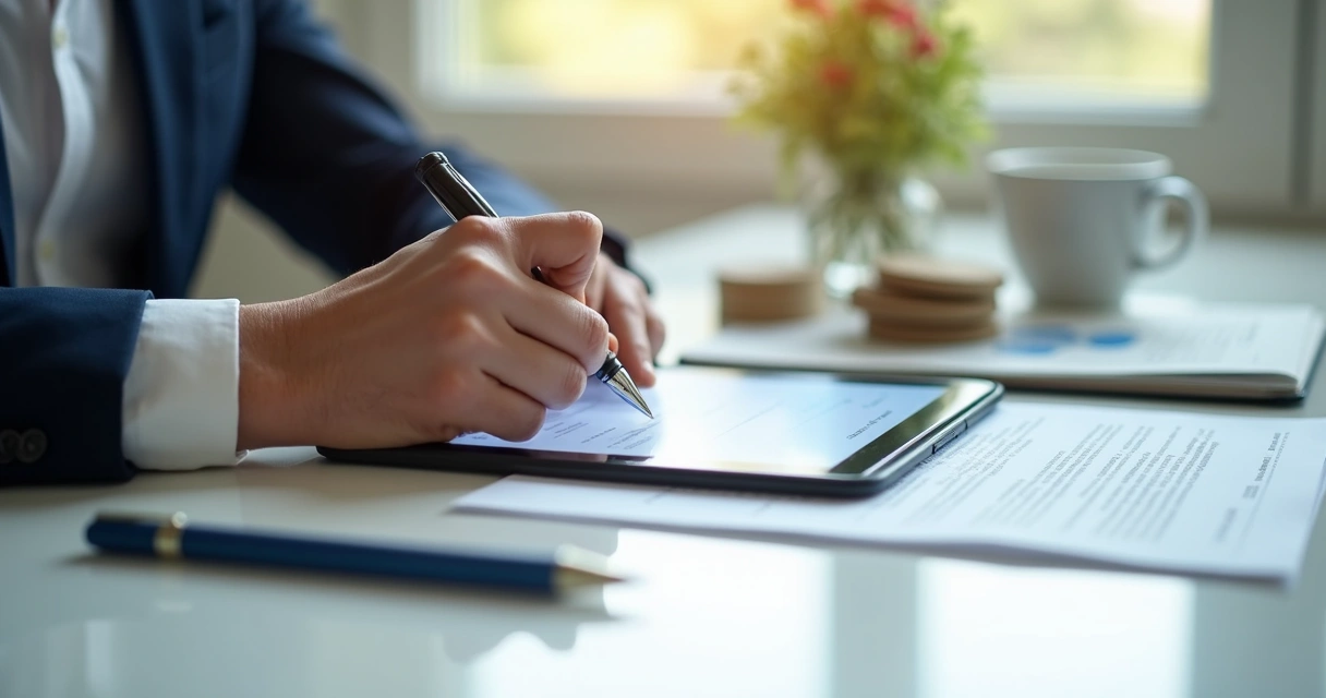 Hands signing a contract digitally on a tablet in a bright office 