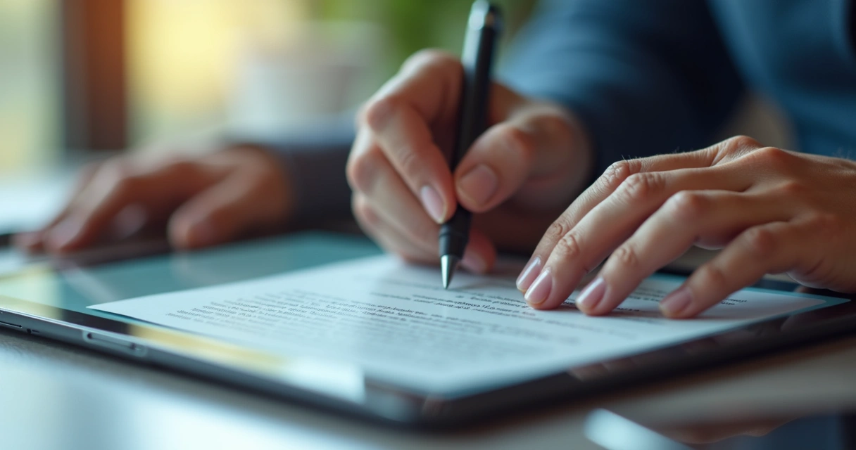 Mãos assinando contrato em tablet com caneta digital