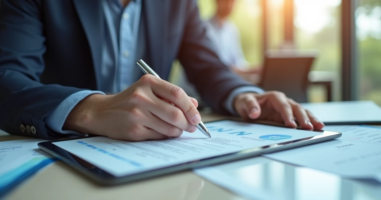 Pessoa assinando contrato digital em tablet para aluguel de imóvel.