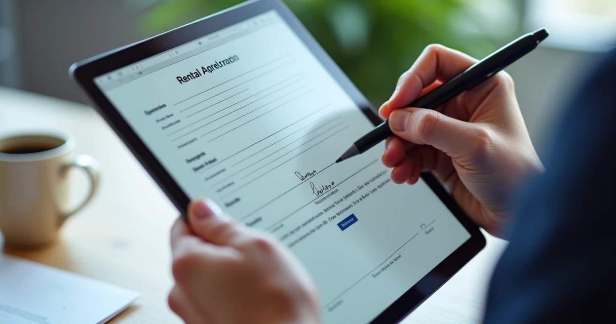 Assinatura eletrônica sendo realizada em contrato digital na tela de tablet