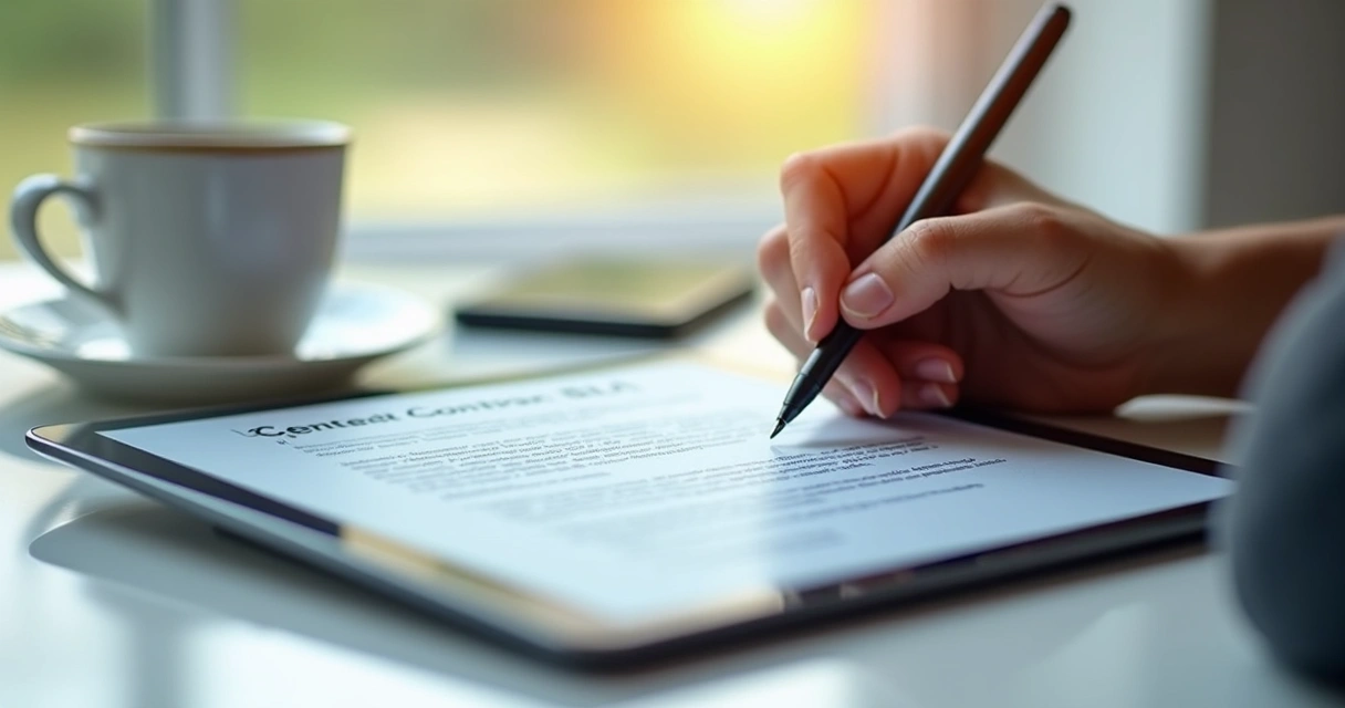 Contrato digital sendo assinado em tablet.