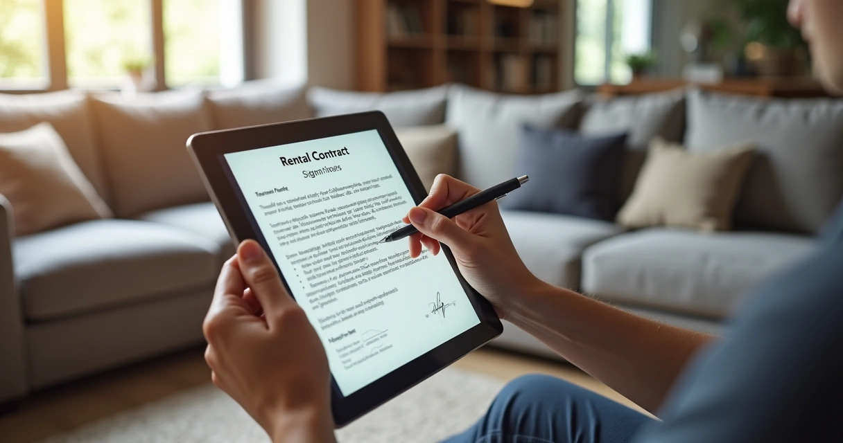 Pessoa usando tablet para assinar contrato digital em sala de estar 