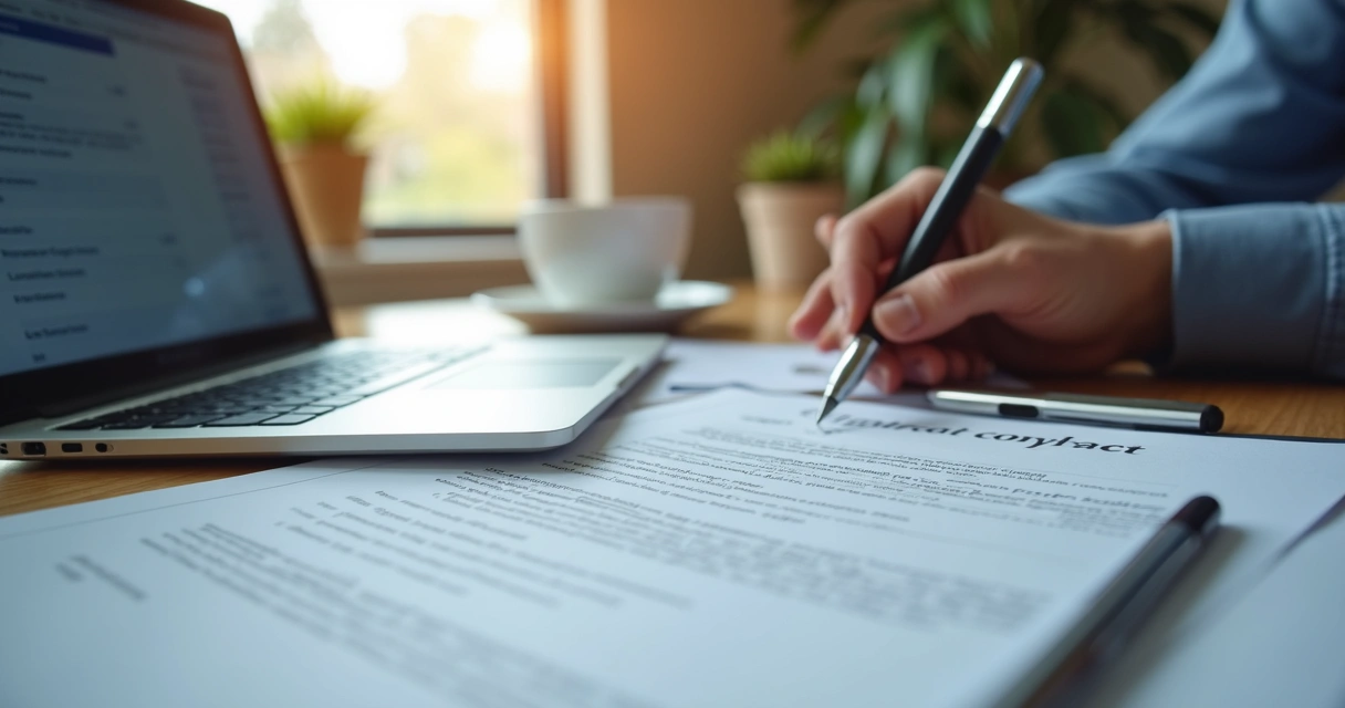 Assinatura de contrato digital de aluguel em uma mesa com computador e documentos