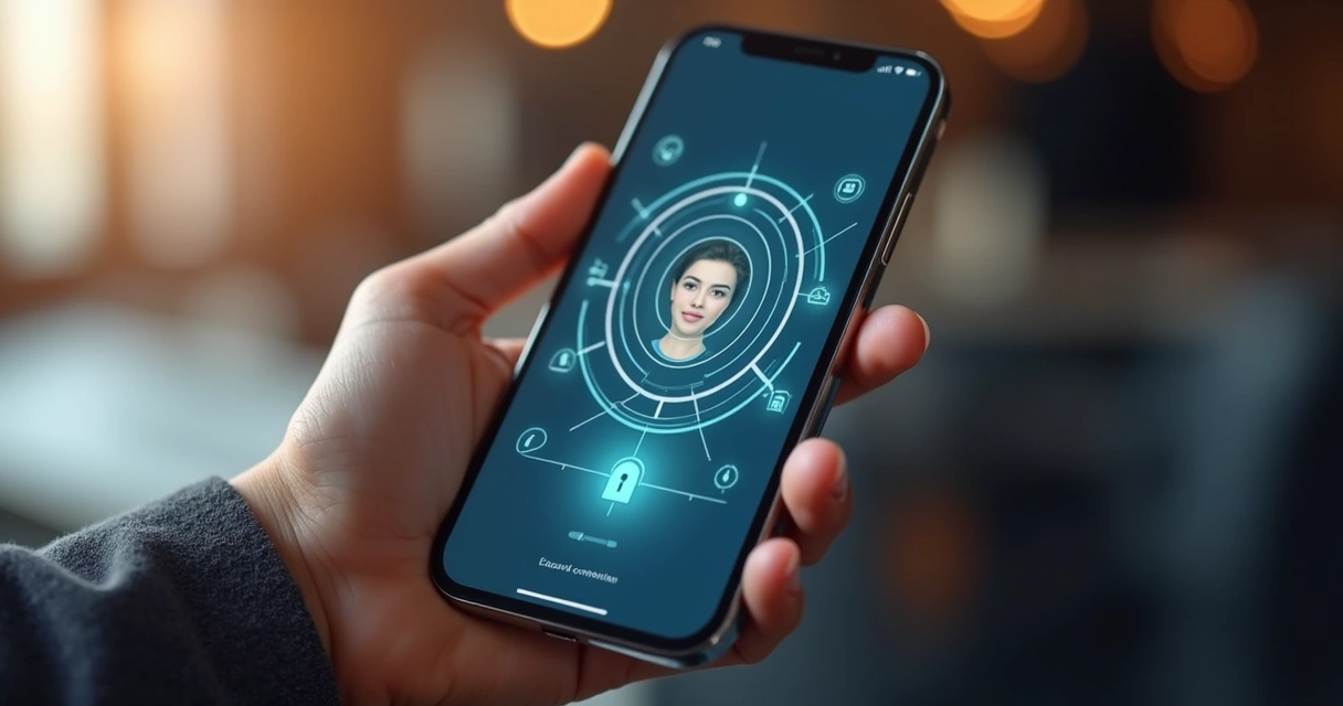 Pessoa segurando celular com tela de contrato digital e autenticação facial ativa 