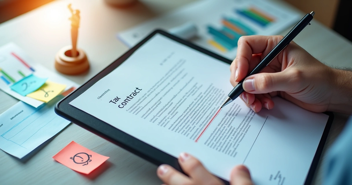 Tela de computador exibindo um contrato digital com cláusula tributária destacada 