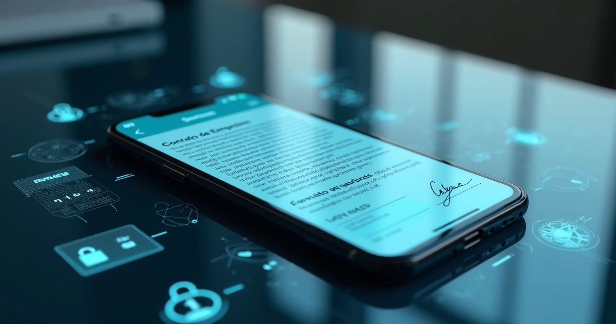 Tela de celular exibindo contrato bancário digital de empréstimo sendo assinado com autenticação segura 