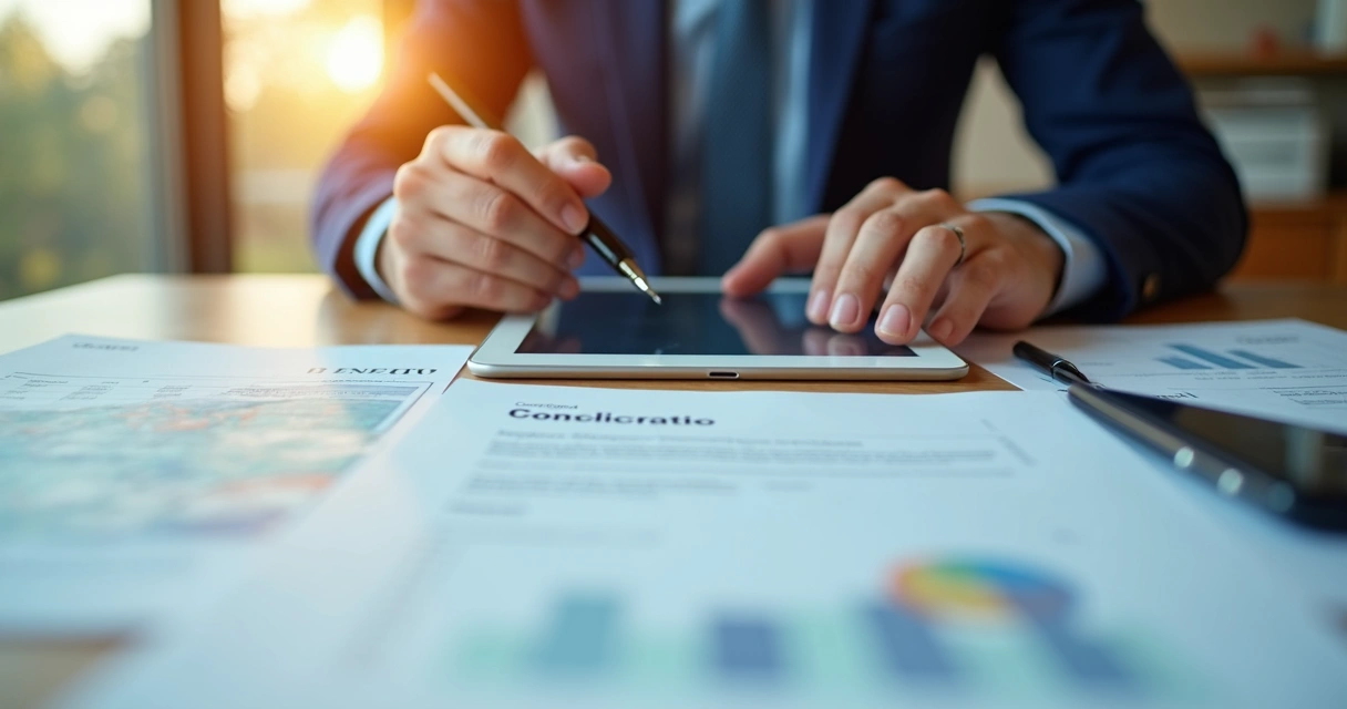 Pessoa assinando contrato digital em tablet com documentos de energia ao redor. 