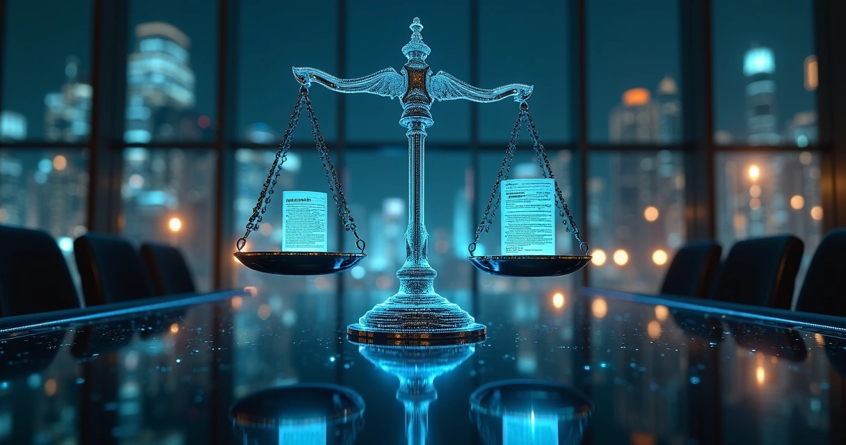 Balança de justiça feita de circuitos digitais equilibrando dois contratos eletrônicos 