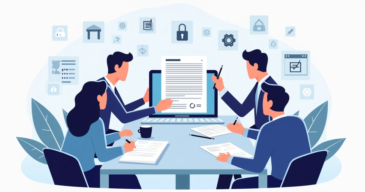 Equipe de profissionais analisando um contrato digital na mesa 