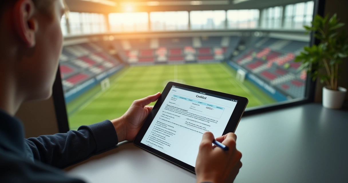 Gestor assinando contrato digital em tablet com campo ao fundo