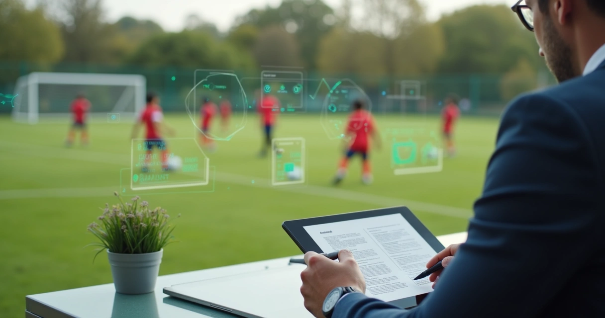 Gestor assinando contrato digital em tablet durante treino de futebol infantil