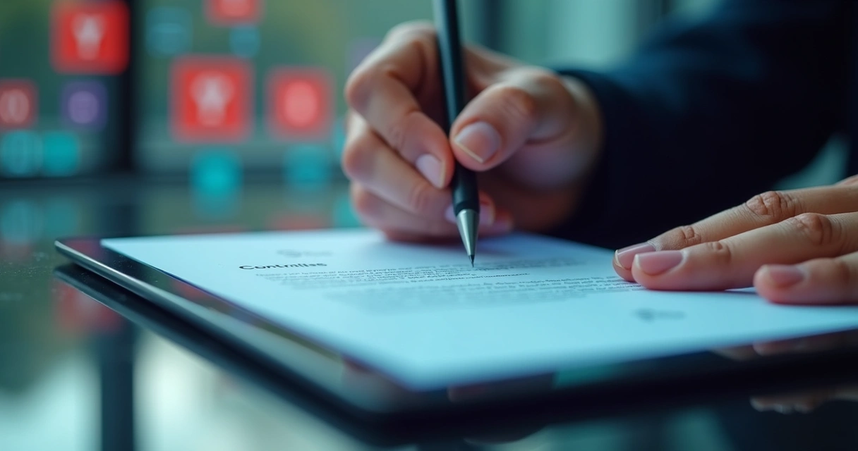 Contrato digital sendo assinado em tablet com símbolos de futebol ao fundo 